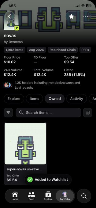 A mobile screenshot of an NFT collection page for 'novas' by 0xnovas on Robinhood Chain, showing 1,982 items, a $10.02 floor price, $12.4K 24H volume, and a 'super-novas un-reve...' item added to watchlist.
