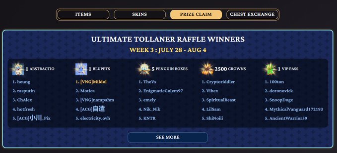 An 'Ultimate Tollaner Raffle Winners' leaderboard for Week 3 (July 28 - Aug 4), listing top 5 winners for prizes including 1 Abstractio, 1 Blupets, 5 Penguin Boxes, 2500 Crowns, and 1 VIP Pass.