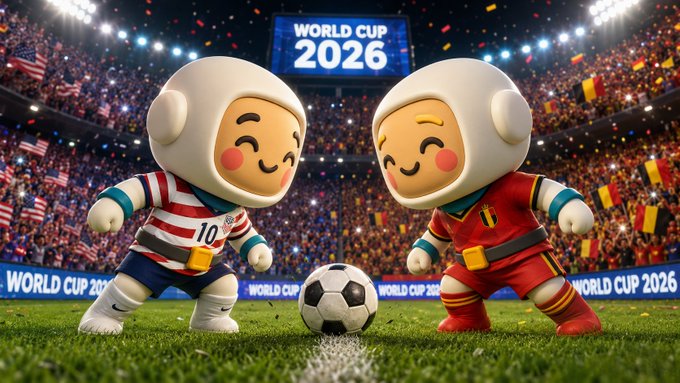 Two cartoon-style mascots in space suits playing soccer on a field at the 'WORLD CUP 2026', with one wearing a USA-themed jersey (#10) and the other in a Belgium-themed jersey, set in a stadium with American and Belgian flags in the crowd.