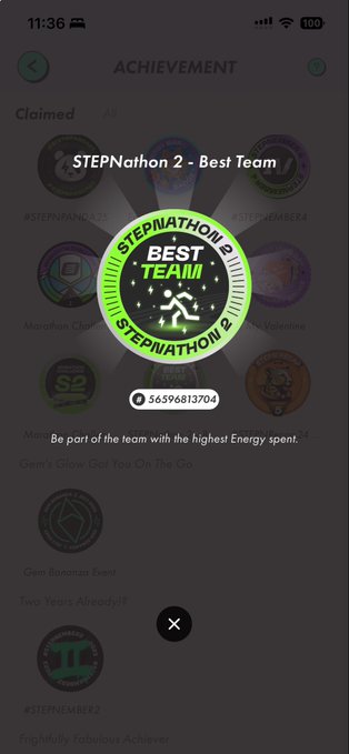 A mobile app achievement screen displaying a 'STEPNathon 2 - Best Team' badge with ID 56596813704, awarded for being part of the team with the highest Energy spent.