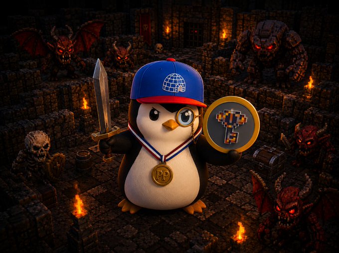 A cartoon penguin wearing a blue cap with an igloo logo, a 'PP' medal, and holding a sword and pixel-art shield stands in a dark dungeon with monsters, demons, and torches in the background.
