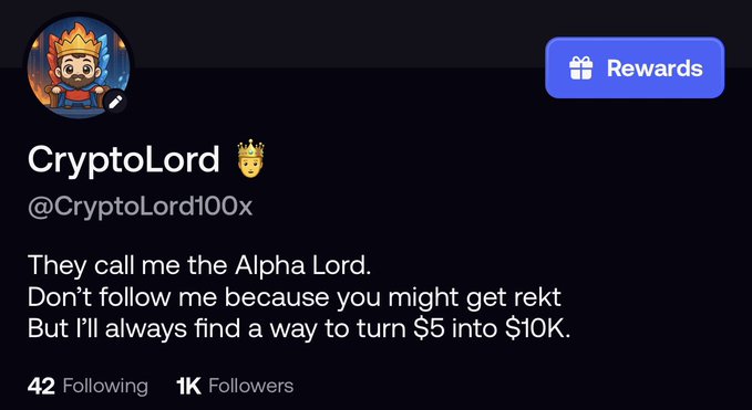 CryptoLord (@CryptoLord100x) Twitter profile showing 1K followers, featuring a king avatar and the bio "They call me the Alpha Lord. Don't follow me because you might get rekt. But I'll always find a way to turn $5 into $10K." The image illustrates the account celebrating its 1K follower milestone by giving away 0.05 BNB to 5 followers.