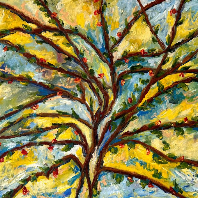 An impressionist-style oil painting of a tree with brown branches, green leaves, and small red berries against a vibrant background of yellow and blue brushstrokes.