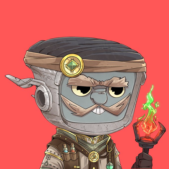 A cartoon illustration depicts a grumpy robot character with a metal head, mustache, and headband, holding a torch with green flames against a red background.