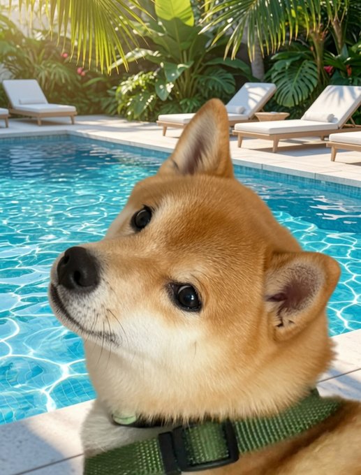 A Shiba Inu with a green collar poses for a close-up selfie by a bright blue pool, surrounded by tropical plants and lounge chairs—perfectly matching the relaxed "Chillin' by the pool with Inu" vibe.