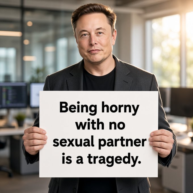 A man in a dark blazer stands in an office setting holding a sign that reads 'Being horny with no sexual partner is a tragedy.'