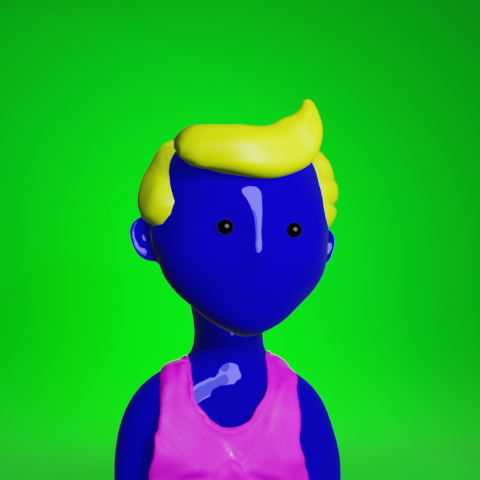 A 3D-rendered character with a blue face, yellow hair, and a pink tank top against a bright green screen background.
