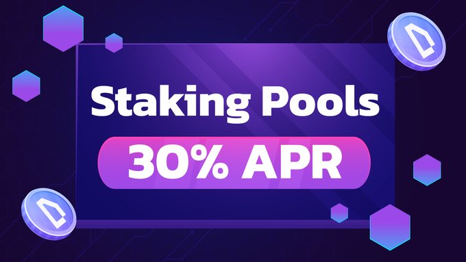 A promotional graphic advertising 'Staking Pools' with '30% APR' featuring purple gradient design and cryptocurrency coins.