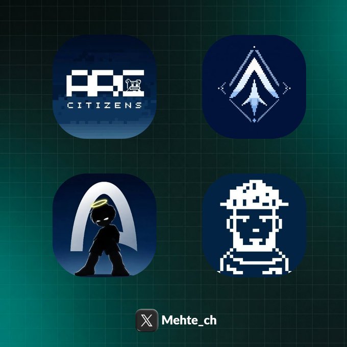 A promotional graphic featuring four pixel-art style NFT project icons on a dark teal grid background, including logos for Arc Citizens, Sharx, a character with a halo, and a portrait avatar, attributed to "Mehte_ch" with the Arc community branding.