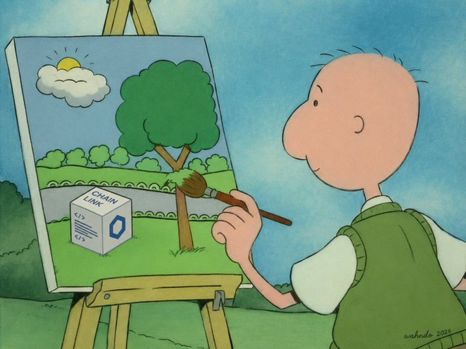 A cartoon illustration of a bald, green-vested character painting a landscape on an easel, with a white box labeled 'CHAINLINK' sitting in the painted grass.