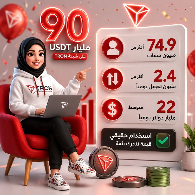 The image visually supports the post's message by highlighting that USDT on the TRON network has surpassed 90 billion, with 74.9 million accounts, 2.4 million daily transfers, and an average of 22 billion dollars in daily transactions.