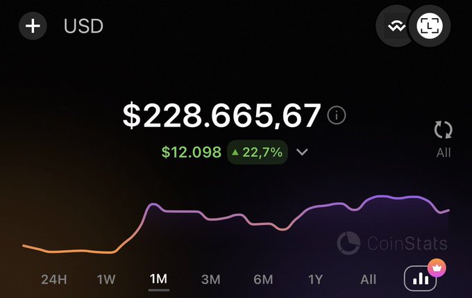 A CoinStats app screenshot shows a USD portfolio value of $228,665.67 with a 1-month chart showing a $12.098 (22.7%) gain.