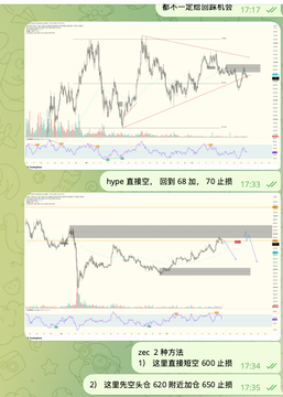 The image shows two crypto trading charts—the top one (HYPE) featuring a "直播间" (livestream) box with a downward projection from 68 to 70 points, and the bottom one (ZEC) showing a "2种方法" (2 methods) entry strategy around the 620 and 650 levels, both posted at 17:17. This visually supports the post's message about HYPE dropping 10 points and ZEC dropping 7 points, emphasizing that altcoins ("山寨") can decline sharply and rapidly.