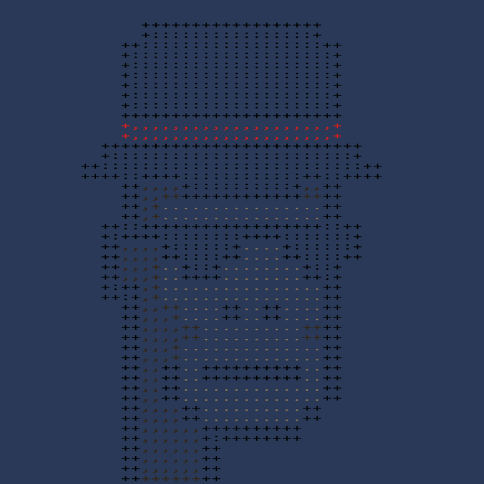A digital pixel-art portrait of a man wearing a hat, rendered in a grid of plus signs and dots on a dark blue background, with a red band across the eyes.