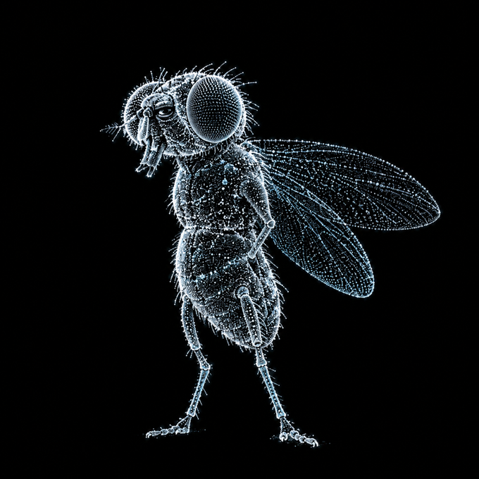 A detailed microscopic view of an insect, appearing to be a fly, rendered in blue-tinted tones against a black background.