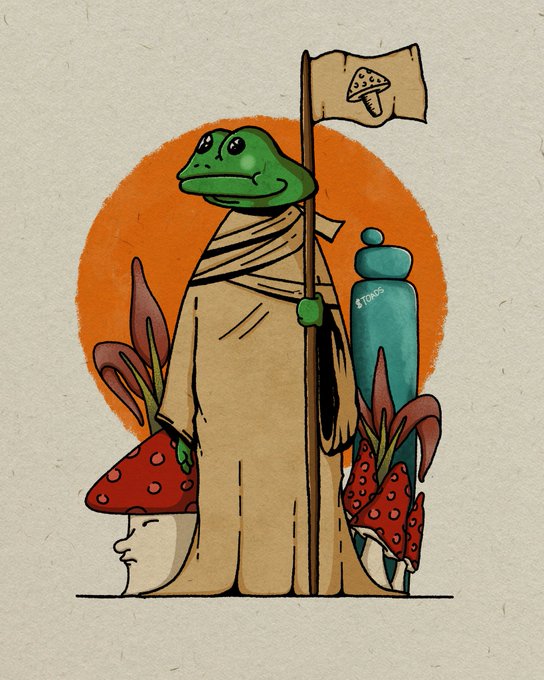 An artistic illustration of a green frog wearing a tan robe, holding a staff with a mushroom flag, standing against an orange circular background with a 'TOKICO' branded object.
