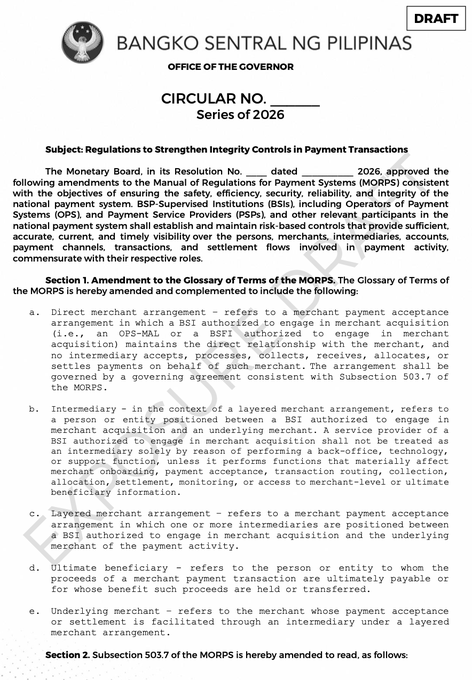 The image shows a draft circular (Series of 2026) from the Bangko Sentral ng Pilipinas Office of the Governor, titled "Regulations to Strengthen Integrity Controls in Payment Transactions," which includes amendments to the Glossary of Terms of the MORPS defining terms like direct, intermediary, and layered merchant arrangements—directly relevant to the post's discussion of BSP's tightening payment operator and crypto payment controls.