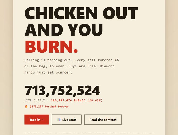 A promotional page titled 'CHICKEN OUT AND YOU BURN.' explaining a tokenomics model where 4% of sells are burned, showing a live supply of 713,752,524 with 286,247,476 (28.62%) burned, worth $173,237.