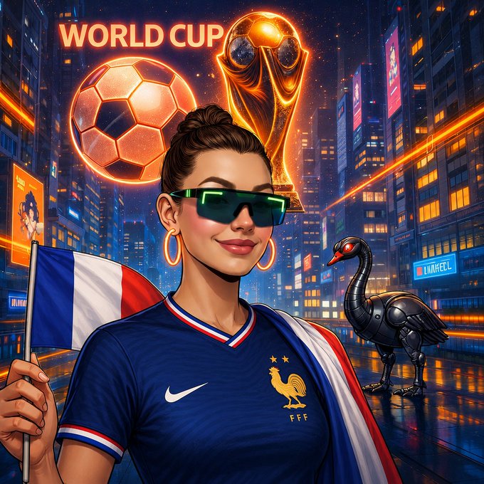 A stylized digital illustration of a woman wearing futuristic sunglasses and a France national team (FFF) jersey, holding a French flag, with a soccer ball, World Cup trophy, and a robotic black swan in a neon cityscape background labeled 'WORLD CUP'.