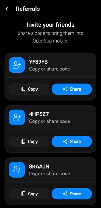 An OpenSea Referrals screen displaying three invite codes: YF39FS, 4HPSZ7, and 8KAAJN, each with Copy and Share buttons.