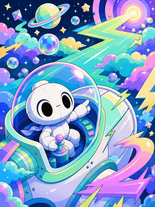 Vibrant colorful illustration of a cute white astronaut-like character in a bubble helmet piloting a spaceship through a cosmic scene filled with planets, stars, bubbles, and lightning bolts.