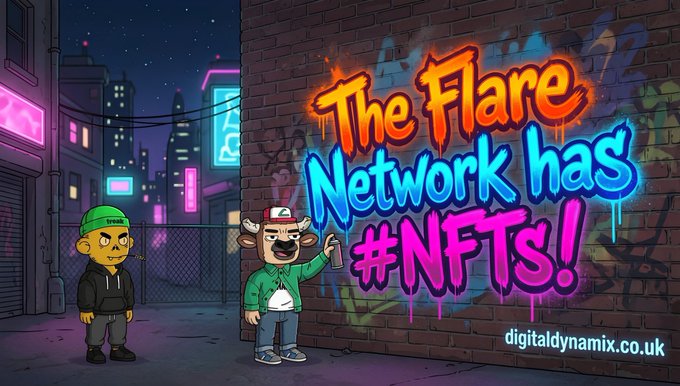 The image features a cartoon scene of two cartoon characters standing next to each other, with one character holding a paintbrush. The background includes a brick wall with graffiti written on it, as well as neon lights that create an urban atmosphere. Above them is a sign that says "The Flare Network has #NFTs Digitaldynamix.co.uk". This suggests that the image is related to a post about the Flare Network and its NFTs, possibly promoting or discussing this digital currency platform.
