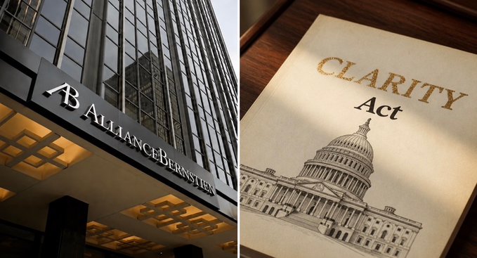 The image is a split composition showing the AllianceBernstein office building signage on the left alongside a document titled "CLARITY Act" featuring an illustration of the U.S. Capitol on the right, visually tying the firm's $800 billion analysis to the legislative push for the bill's passage.