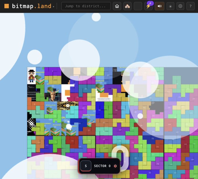 The screenshot shows the bitmap.land website displaying a colorful grid-based map of various content tiles, with a "SECTOR: 0" indicator at the bottom and "bitmap.land" branding visible in the top navigation bar, illustrating how content remains visible across all zoom levels rather than requiring deep zoom-in to see details.