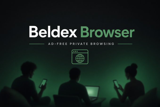 A dark-themed promotional image featuring silhouettes of three people using phones and a laptop, centered with the text "Beldex Browser — Ad-Free Private Browsing" and a glowing browser/globe icon, visually reinforcing the caption's message about privacy-focused, ad-free web browsing.
