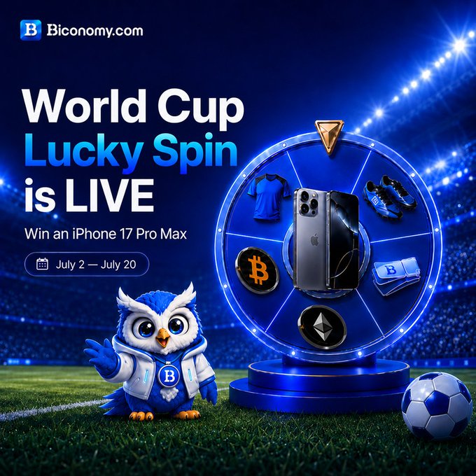 A Biconomy.com promotional image for their "World Cup Lucky Spin" campaign featuring a blue owl mascot on a soccer field next to a prize wheel displaying an iPhone 17 Pro Max, signed jersey, cleats, cash, and cryptocurrency coins (BTC, ETH), with text reading "Win an iPhone 17 Pro Max" and the event dates "July 2 — July 20."