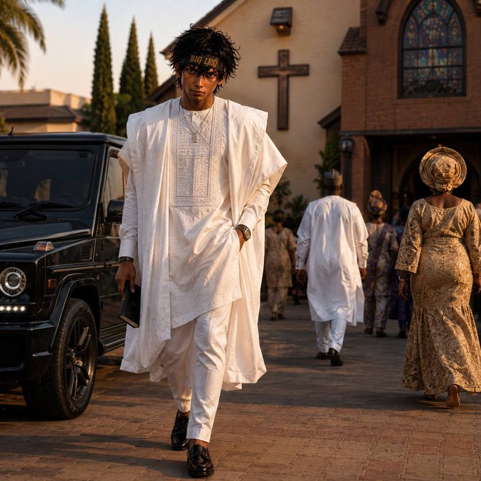 A young man with dreadlocks wearing an all-white traditional outfit walks confidently in front of a black SUV and a church, with other people in traditional attire gathered in the background.