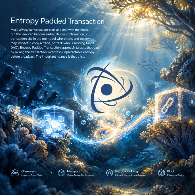 An infographic titled 'Entropy Padded Transaction' explaining DAC's approach to privacy in blockchain transactions, with four steps at the bottom: Observers, Mempool, Entropy Padding, and Block.
