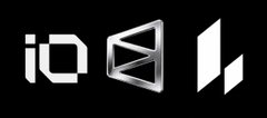 A minimalist logo consisting of white geometric shapes forming an abstract design on a solid black background.
