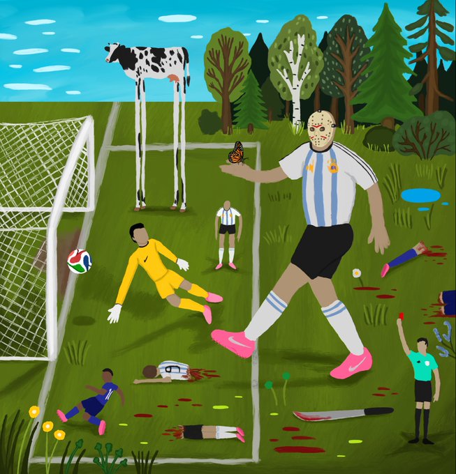 A surreal illustration of a soccer match featuring a giant player in an Argentina jersey with pink boots and a hockey mask, alongside a goalie, a tall cow with stilts, and various scattered figures and objects on a green field.