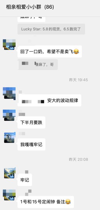 A screenshot of a Chinese WeChat group chat named '相亲相爱小群 (86)' with members discussing investments, mentioning 'Lucky Star', market fluctuation laws, and predicting a drop in the second half of the month.