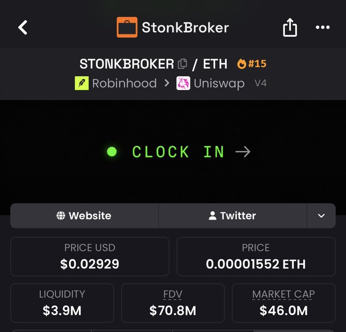 Screenshot of a StonkBroker / ETH #15 crypto token page showing a price of $0.02929 (0.00001552 ETH), $3.9M liquidity, $70.8M FDV, and $46.0M market cap, trading on Uniswap V4.