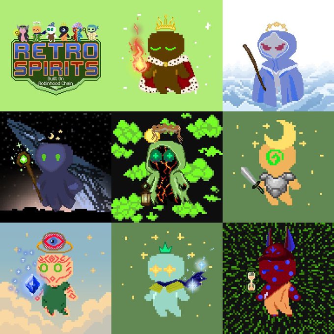 A 3x3 grid of pixel art character sprites under the logo 'RETRO SPIRITS - Built on Robinhood Chain,' featuring fantasy creatures like a crowned king, hooded figure, and various elemental characters.