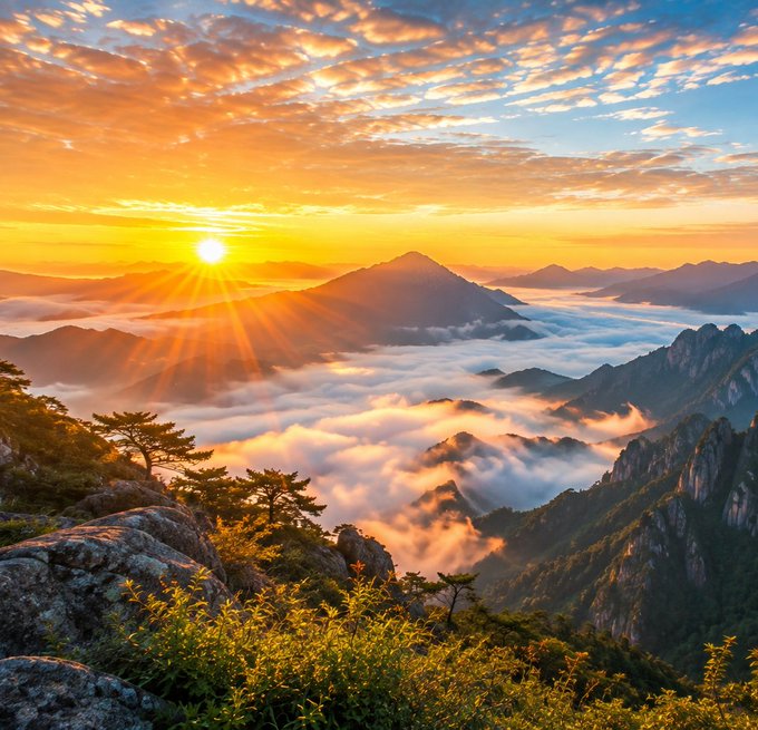 A scenic landscape photograph of a golden sunrise over mountain peaks emerging from a sea of clouds, with pine trees and rocky terrain in the foreground.