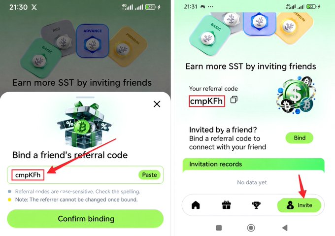 Two mobile app screenshots showing a referral code binding interface with the code 'cmpKFh' highlighted, alongside instructions to earn more SST by inviting friends.