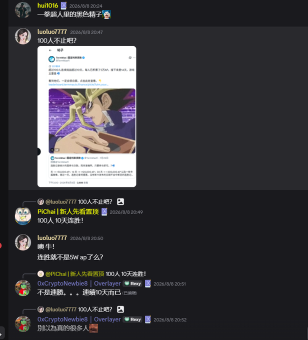 A screenshot of a Chinese Discord chat discussing TermMax's official announcement about exceeding 100 users daily for 10 consecutive days, with users like "luoluo7777," "PiChai," and "0xCryptoNewbie8" debating the statistics, with one user questioning how only 100 people are participating when nearly 50,000 people have selected cards for the event.