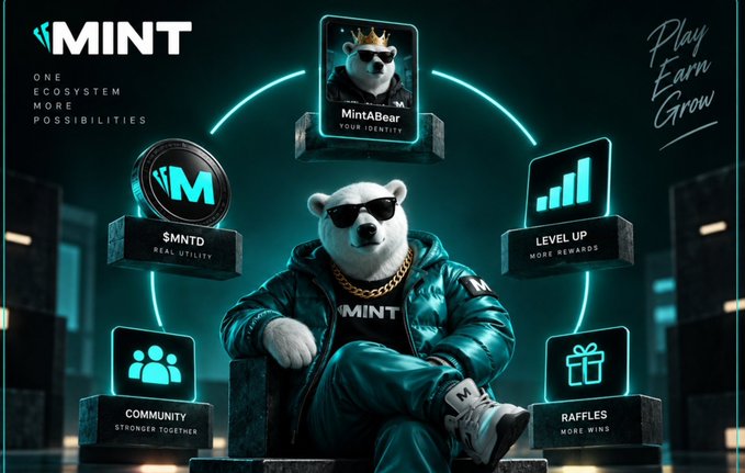 A promotional graphic for 'MINT' cryptocurrency featuring a polar bear wearing sunglasses and a chain necklace, surrounded by icons for 'MintABear', '$MNTD', 'LEVEL UP', 'COMMUNITY', and 'RAFFLES' with text 'ONE ECOSYSTEM MORE POSSIBILITIES' and 'Play Earn Grow'.