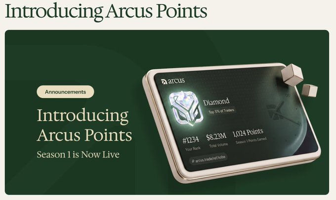 An announcement banner introduces 'Arcus Points' with text stating 'Season 1 is Now Live', featuring a tablet showing a Diamond tier profile for trader arcus.trade#14d0e6.
