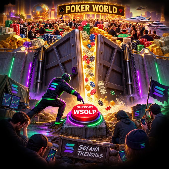 The image depicts a vibrant scene titled "POKER WORLD" where massive streams of gold coins and cash pour through a giant vault door, with a figure pushing the red "SUPPORT WSOLP" button amid crowds of poker players and crypto traders watching Solana charts on their phones, with a sign reading "SOLANA TRENCHES." It visually represents the post's thesis that Solana is onboarding poker players into crypto trenches—portraying WSOLP as the gateway unlocking poker bags (wealth) for the ecosystem.