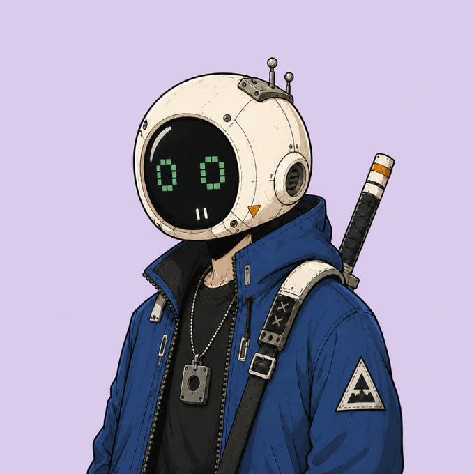 A stylized robot with a digital face displaying "00" wears a blue jacket and carries a sword on its back, fitting the "Robos" theme. The post invites followers to guess the exact UTC day and time of next week's mint to win extra spins and secure a guaranteed spot.