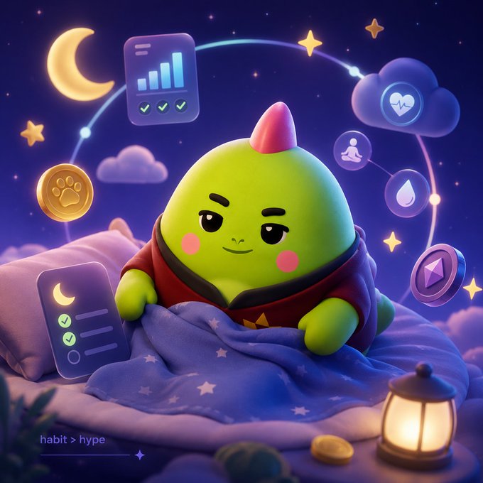 A cute cartoon green creature with a pink horn sleeping in a bed under a starry night sky, holding a checklist card, surrounded by floating icons including a coin, analytics, and wellness symbols, with 'habit > hype' written at the bottom.