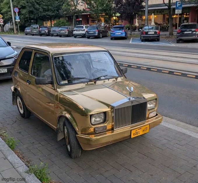 A humorous photoshopped image of a gold-plated Rolls-Royce (with the license plate 'GOL D') parked on a street, parodying the gold car meme.