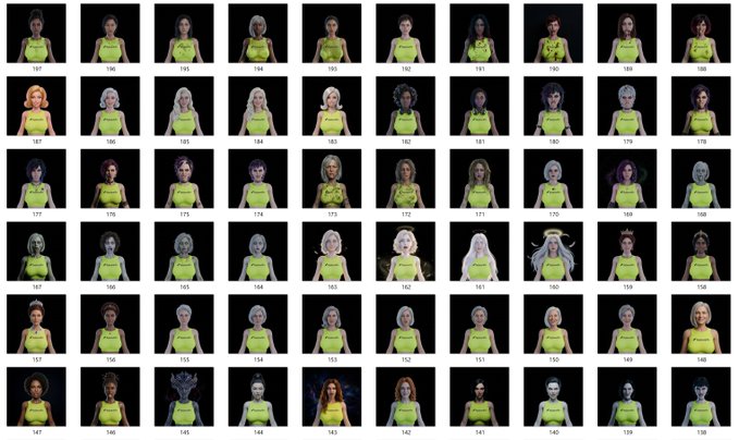 A grid of character thumbnails showing various female video game or virtual avatar characters with different hairstyles, skin tones, and outfits, all wearing matching green/yellow tops and numbered from 138 to 197 in descending order.