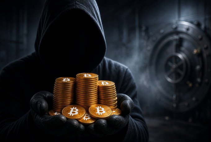 A shadowy hooded figure with a concealed face cradles stacks of gold Bitcoin (₿) coins in gloved hands, with a massive vault door looming in the misty background—symbolizing the long-dormant crypto fortune finally unlocked after 16.2 years for an $8.5 million profit.