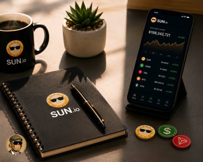 A promotional setup displays SUN.io branding featuring a smartphone showing cryptocurrency prices (SUN at $198,342,721, TRX, BTC, ETH), a notebook, mug, and coins all bearing the SUN.io logo with a sun character wearing sunglasses.