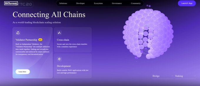 The image features a website called "BTTC" with a purple background, which appears to be related to the post about connecting all chains. The website has a lot of text displayed across its pages, providing information or instructions for users. It seems like an educational platform or resource center focused on blockchain technology and its applications in various fields.